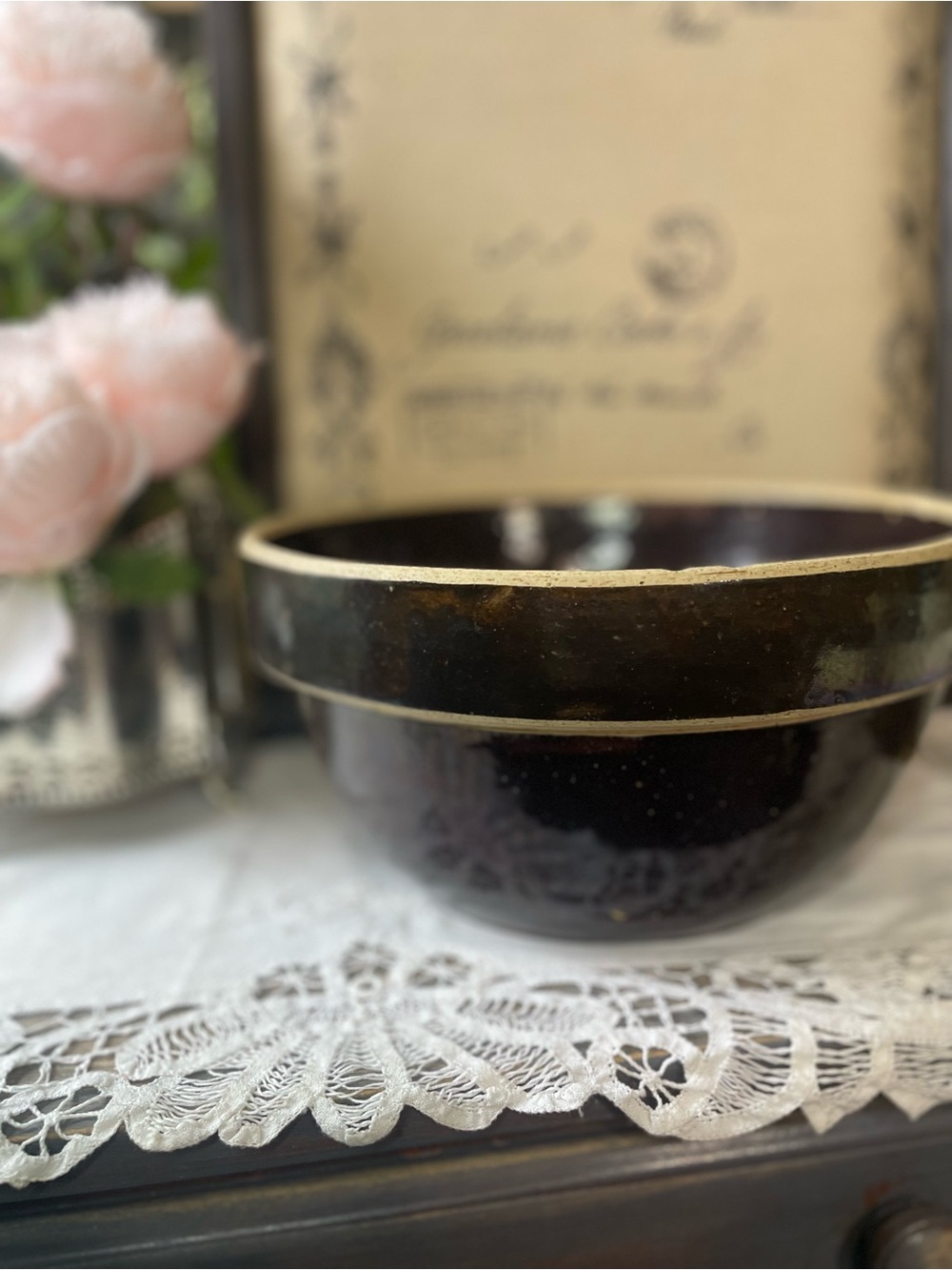 Antique brown stoneware pottery bowl Rustic French country primitive decor